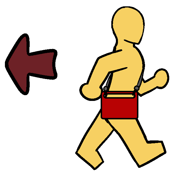 A thin yellow person with a red AAC tablet on a shoulder strap walking with an arrow behind them, pointing behind them.